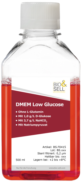 DMEM milieu liquide avec 1,0 g/l de D-glucose, 500 ml